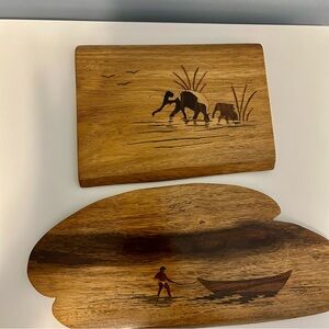 Vintage Hand-Carved Wood Inlay Wall Plaques 
Mid-Century Decor. Set of 2